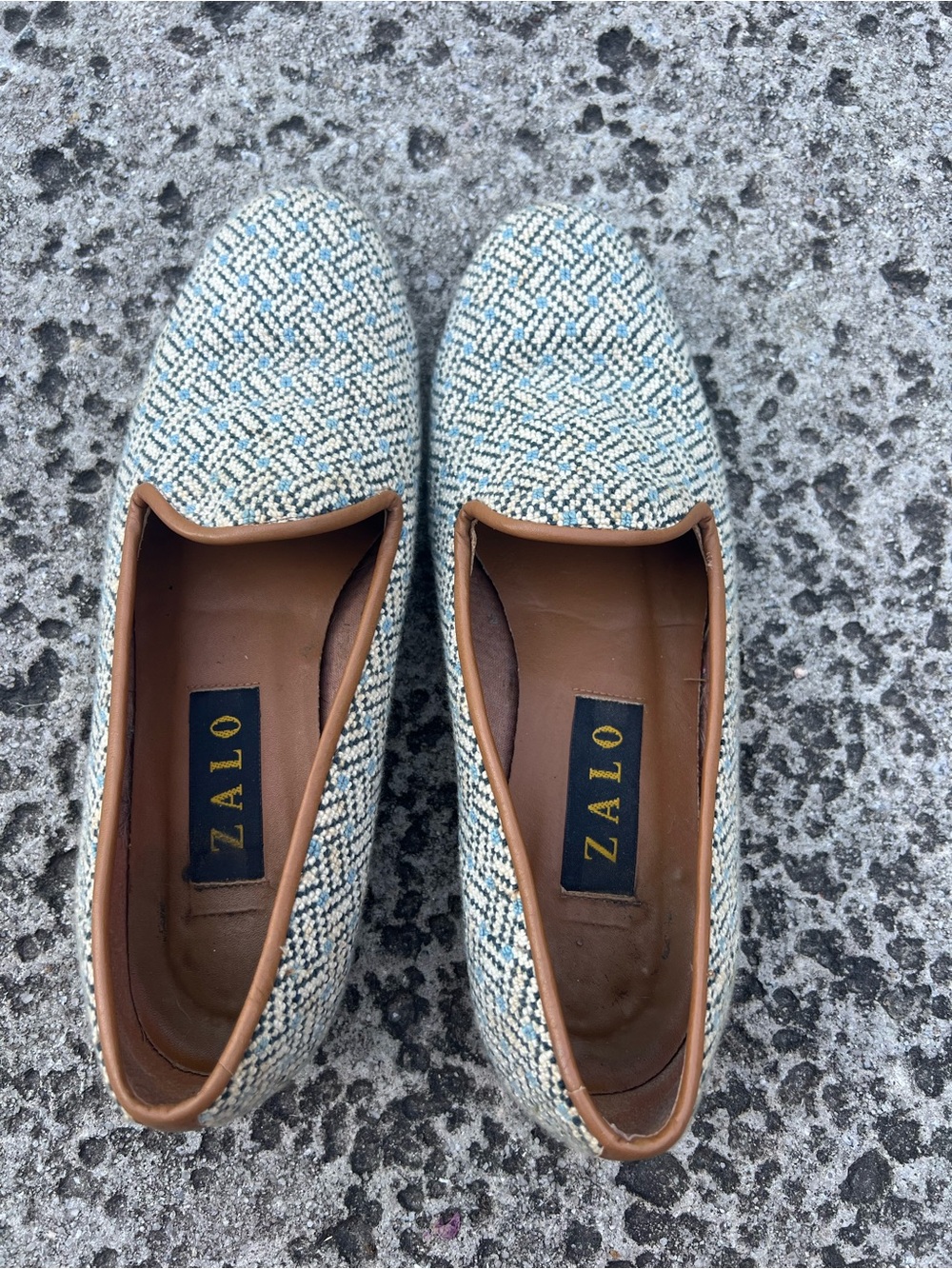 Zalo Needlepoint Tweed Slip-On Flats in Cream, Blue and Brown Trim size 8.5